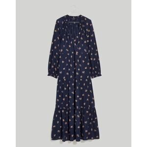 Madewell Faux Wrap Tiered Navy Brown Floral Dress 2X Prairie Cottagecore